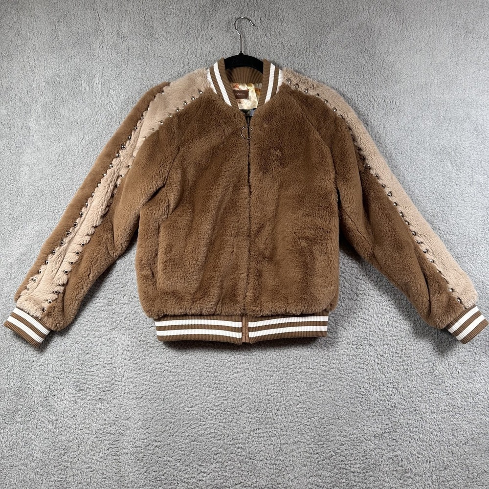 Mother The Letterman Fur Jacket Womens Small Brown Faux‎ Fur Bomber Studded